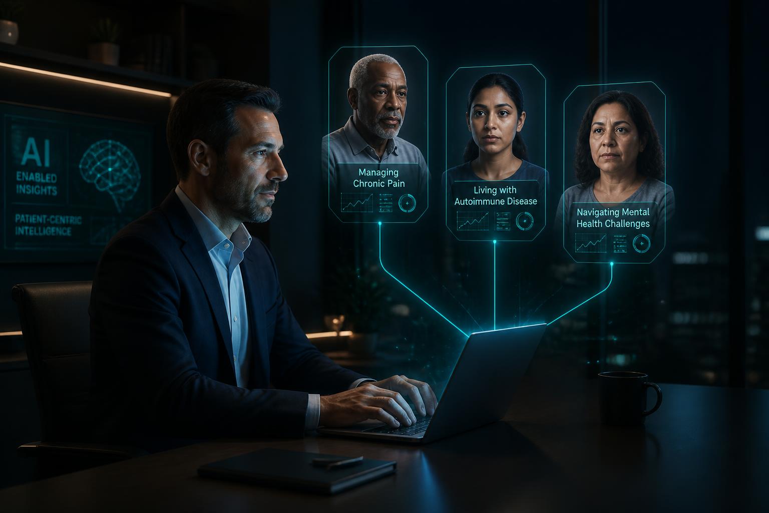 Pharma executive using AI-enabled patient insights software to understand multicultural patient challenges